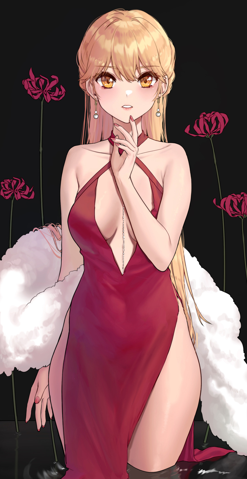 1girl absurdres blonde_hair breasts collarbone criss-cross_halter dress earrings flower girls_frontline halter_dress halterneck highres jewelry kir_(khw66136132) long_hair medium_breasts orange_eyes ots-14_(girls_frontline) red_dress red_flower red_nails sleeveless sleeveless_dress solo very_long_hair