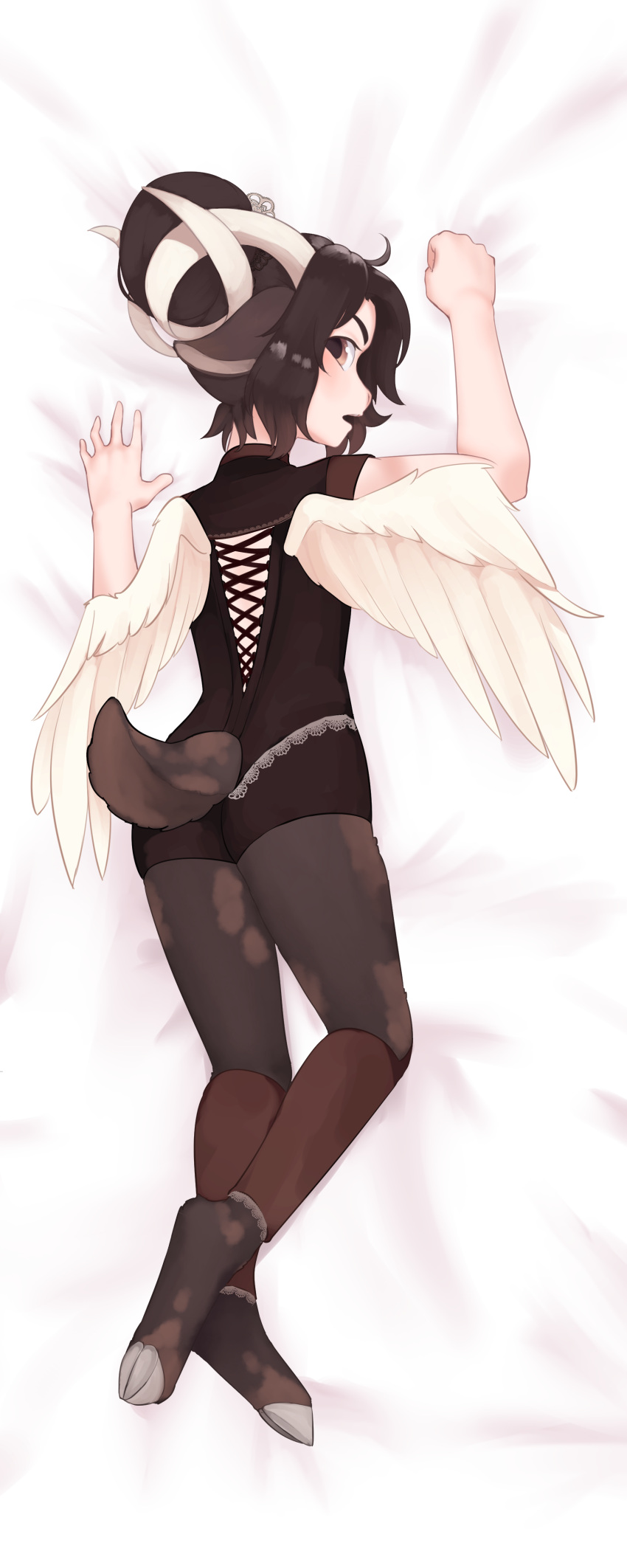 1girl absurdres animal_ears ass bed_sheet brown_eyes brown_fur brown_hair commission curled_horns dakimakura_(medium) feathered_wings from_behind full_body furry goat_ears goat_girl goat_horns goat_tail grey_fur hair_bun hand_up highres hooves horns looking_at_viewer looking_to_the_side lying on_bed on_stomach original sideways_glance solo wings yoako
