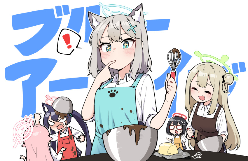 5girls animal_ears ayane_(blue_archive) batter blue_archive butter chibi chocolate chocolate_making closed_eyes cooking crying dirty dirty_clothes finger_licking food food_in_mouth food_on_clothes glasses halo highres holding_whisk hoshino_(blue_archive) junsuina_fujunbutsu licking mixing_bowl multiple_girls nonomi_(blue_archive) serika_(blue_archive) shiroko_(blue_archive) translation_request whisk
