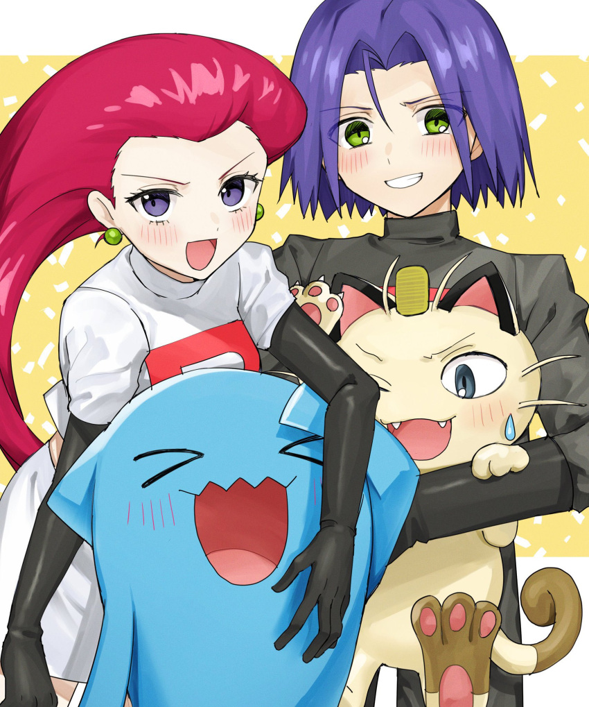 1boy blush denney_(sukeru_ramune) gen_1_pokemon gen_2_pokemon highres james_(pokemon) jessie_(pokemon) meowth pokemon pokemon_(anime) smile team_rocket wobbuffet