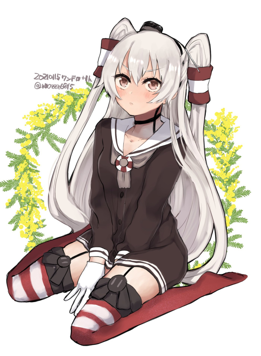 1girl amatsukaze_(kantai_collection) brown_dress brown_neckwear commentary_request dated dress full_body garter_straps gloves hair_tubes highres kantai_collection lifebuoy lifebuoy_ornament long_hair looking_at_viewer necktie red_legwear sailor_collar sailor_dress short_dress silver_hair simple_background single_glove sitting smokestack_hair_ornament solo striped striped_legwear thigh-highs twitter_username two_side_up wariza white_background white_sailor_collar windsock wo_zu wreath