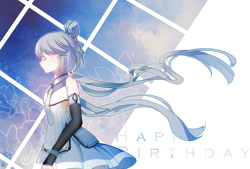 1girl bare_shoulders black_sleeves bracelet chinese_commentary closed_eyes commentary detached_sleeves floating_hair floral_print from_side grey_hair hair_rings happy_birthday highres jewelry long_hair luo_tianyi necktie night night_sky shirt skirt sky sleeveless sleeveless_shirt solo upper_body very_long_hair vocaloid vsinger white_shirt white_skirt yue_yuan_(1234qwea)