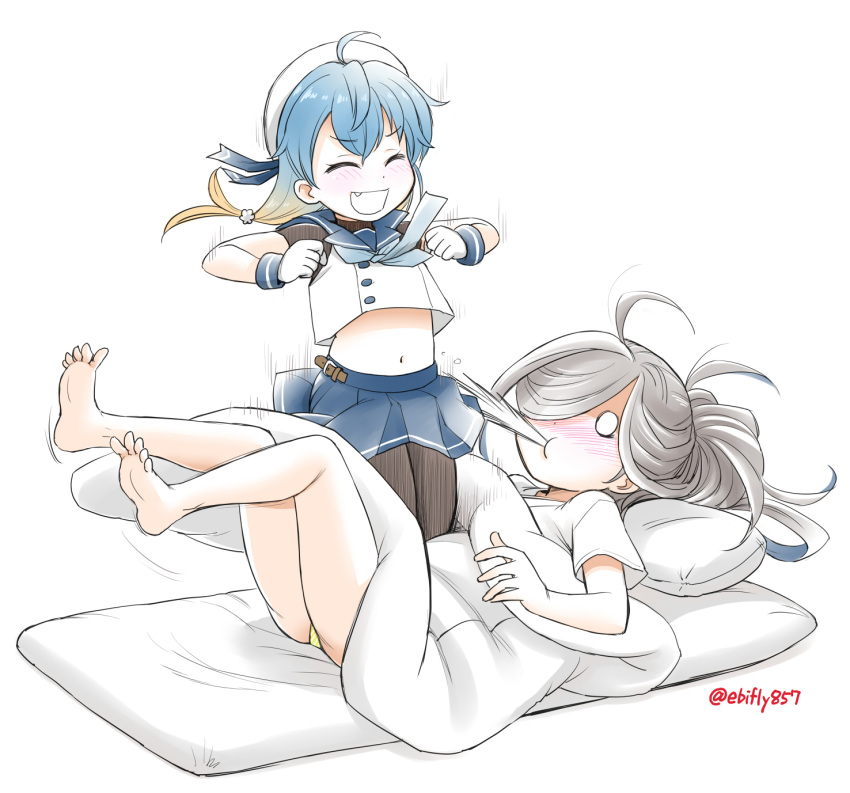 2girls :d ahoge asashimo_(kantai_collection) bare_legs barefoot blank_eyes blonde_hair blue_hair blue_sailor_collar blue_skirt blush brown_legwear child closed_eyes dot_nose ebifly fainting fang futon gloves gradient_hair hat highres jumping kantai_collection long_hair miniskirt multicolored_hair multiple_girls navel nose_blush open_mouth pale_skin panties panty_peek pantyhose pleated_skirt sado_(kantai_collection) sailor_collar sailor_hat school_uniform serafuku shirt simple_background skirt smile spitting twitter_username under_covers underwear white_background white_gloves white_headwear white_shirt wide-eyed yellow_panties