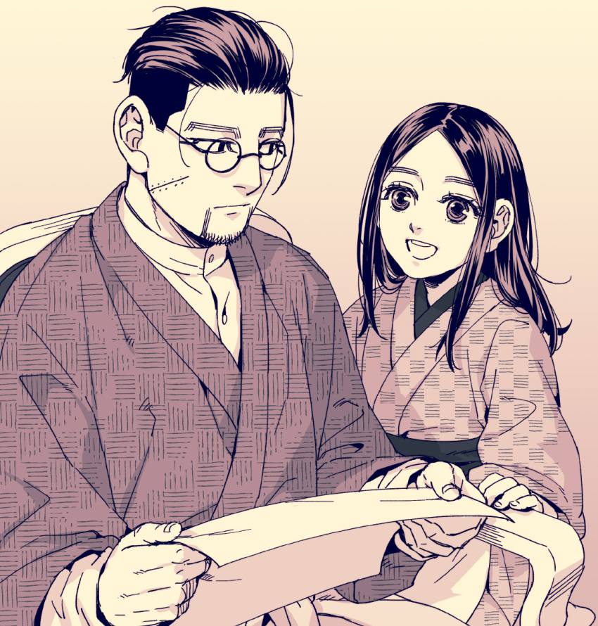 1boy 1girl :d alternate_costume asirpa black_eyes black_hair buttons chair closed_mouth collar collared_shirt commentary_request eye_contact facial_hair glasses golden_kamuy hair_slicked_back hair_strand highres holding holding_paper long_sleeves looking_at_another monochrome ogata_hyakunosuke open_mouth paper round_eyewear scar scar_on_cheek scar_on_face shirt short_hair simple_background sitting smile standing stubble tetsuko_gk traditional_clothes undercut upper_body white_shirt