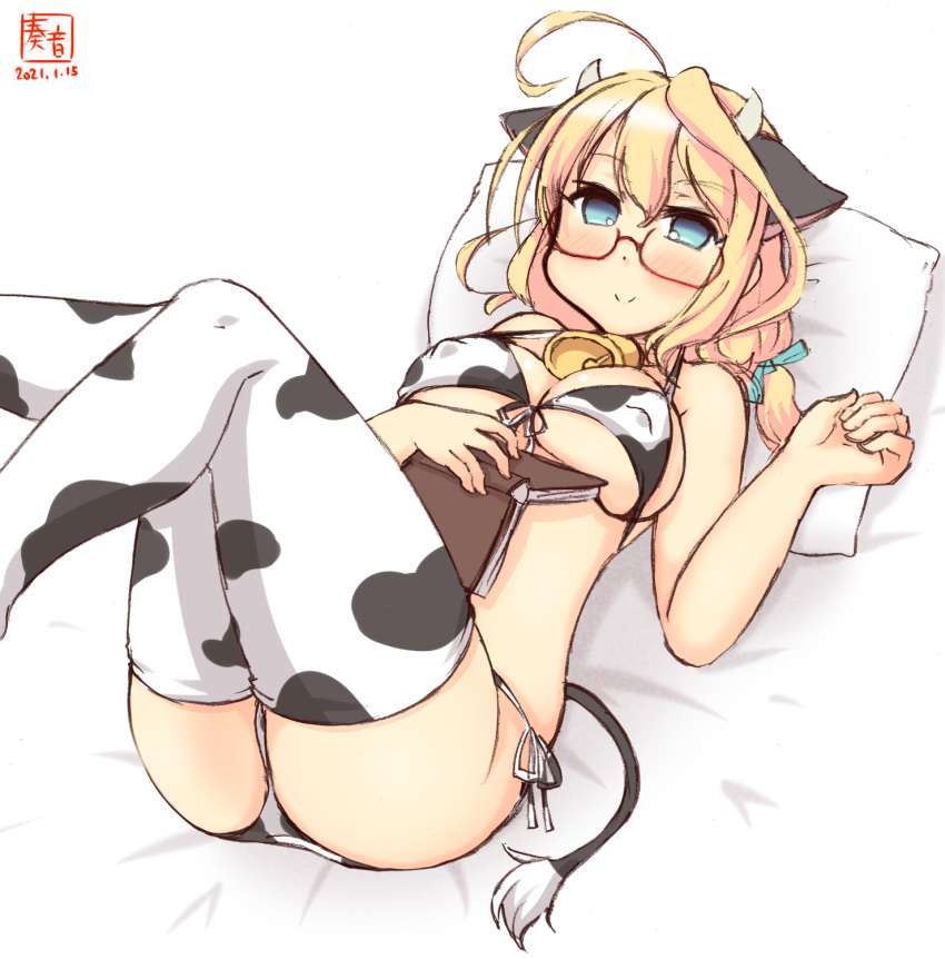 1girl alternate_costume animal_ears animal_print artist_logo bikini blonde_hair blue_eyes breasts commentary_request cow_ears cow_horns cow_print cow_tail dated fake_animal_ears fake_horns glasses highres horns i-8_(kantai_collection) kanon_(kurogane_knights) kantai_collection large_breasts looking_at_viewer low_twintails lying pillow red-framed_eyewear semi-rimless_eyewear side-tie_bikini simple_background smile solo swimsuit tail thigh-highs twintails under-rim_eyewear white_background white_bikini white_legwear