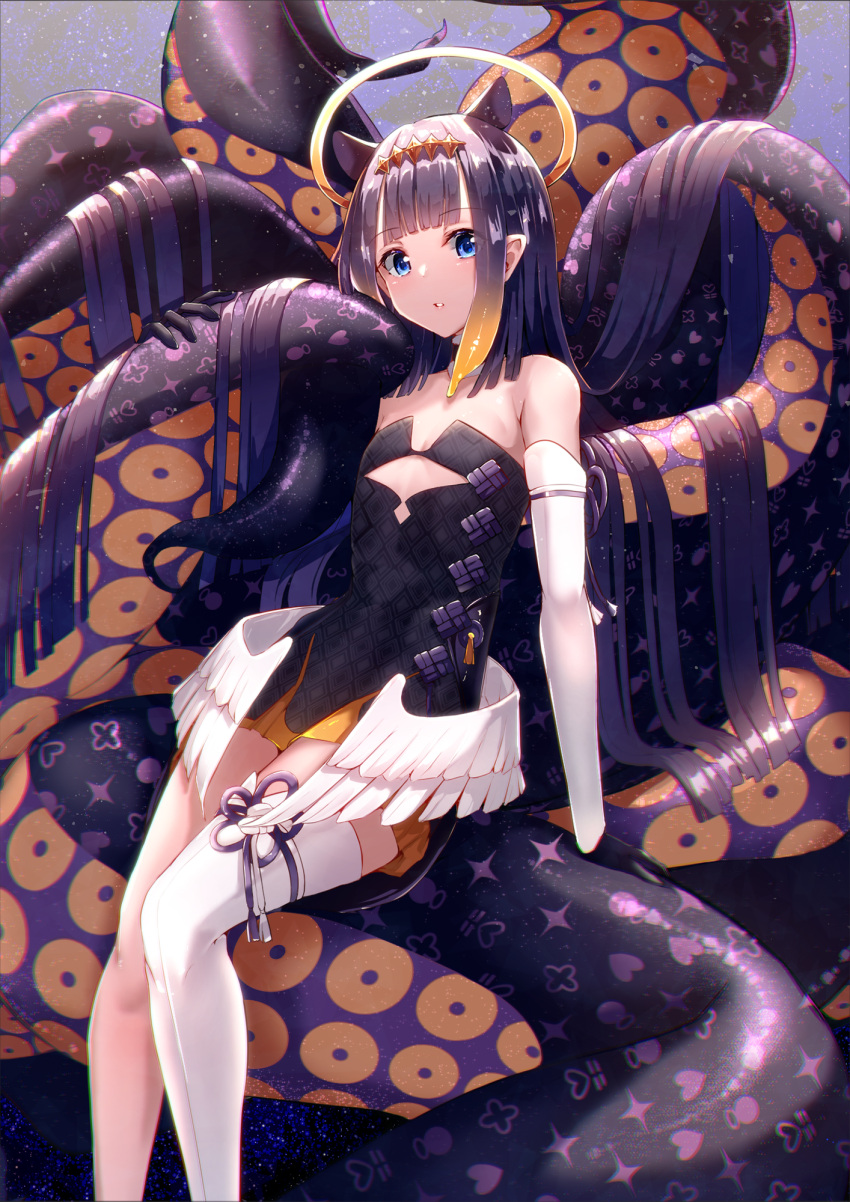 1girl arm_support bangs black_gloves blue_eyes blunt_bangs blush breasts cucchiore detached_sleeves dress flat_chest gloves halo highres hololive hololive_english light_particles long_hair looking_at_viewer multicolored_hair ninomae_ina'nis parted_lips pointy_ears purple_hair single_detached_sleeve single_thighhigh sitting smile solo tentacle_hair tentacles thigh-highs very_long_hair virtual_youtuber white_legwear