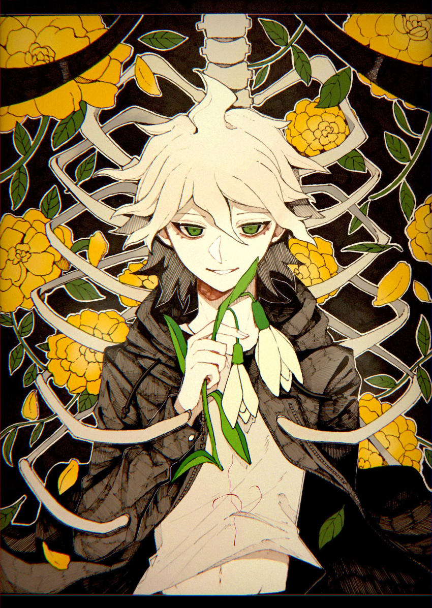 1boy bangs brown_jacket commentary_request dangan_ronpa_(series) dangan_ronpa_2:_goodbye_despair flower green_eyes highres holding holding_flower hood jacket komaeda_nagito kuma_no_(y6lnv) letterboxed long_sleeves looking_at_viewer male_focus medium_hair navel open_clothes open_jacket orange_flower shirt skeleton smile solo stomach upper_body white_hair