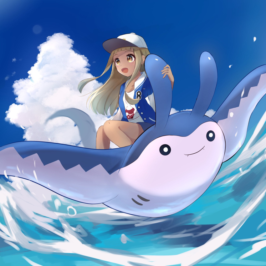 1girl baseball_cap buttons clouds commentary_request day eyelashes floating_hair gen_2_pokemon goma_(nabepa_nabepa) hat highres jacket light_brown_hair long_hair mantine number open_mouth outdoors pokemon pokemon_(creature) riding_pokemon shirt sidelocks sky tongue water white_headwear white_shirt