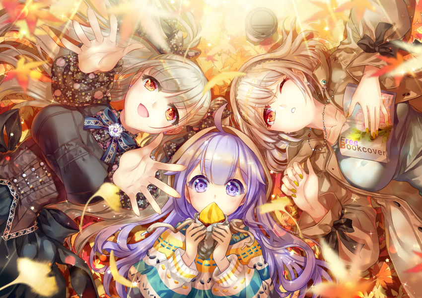 3girls ahoge autumn autumn_leaves azur_lane bangs black_bow black_neckwear black_shirt blouse book bow breasts casual coat coffee_cup collarbone cu-rim cup disposable_cup eating eyebrows_visible_through_hair fashion food formidable_(azur_lane) frills hair_bow hair_ribbon holding hood jewelry long_hair long_sleeves looking_at_viewer lying medium_breasts multiple_girls neck_ribbon necklace on_back one_eye_closed outstretched_arms potato purple_hair ribbon shirt sirius_(azur_lane) sweater twintails unicorn_(azur_lane) violet_eyes yellow_nails