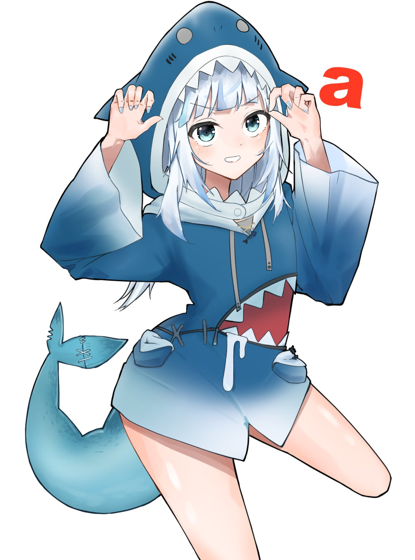 1girl a animal_hood bangs blue_eyes blue_hair blue_hoodie blunt_bangs claw_pose eyebrows_visible_through_hair fish_tail gawr_gura highres hololive hololive_english hood hoodie looking_at_viewer multicolored_hair open_hands shark_hood shark_tail silver_hair solo standing standing_on_one_leg streaked_hair tail v-shaped_eyebrows virtual_youtuber white_background yakiniku-joan.