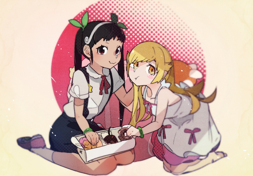 2girls :t backpack bag bakemonogatari black_skirt blonde_hair blurry blurry_background blush bow brown_eyes closed_mouth depth_of_field doughnut dress fingernails food green_bow hachikuji_mayoi hair_bow hair_flaps halftone kneeling kuroi_moyamoya long_dress long_hair looking_at_viewer monogatari_(series) multiple_girls neck_ribbon oshino_shinobu red_neckwear red_ribbon ribbon school_uniform shirt shoes short_sleeves skirt smile socks suspender_skirt suspenders twintails white_dress white_legwear white_shirt wristband yellow_eyes