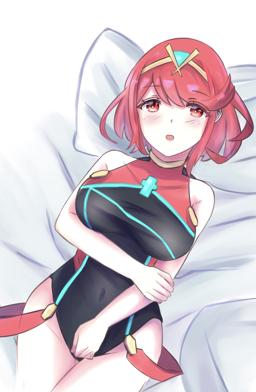 1girl absurdres artist_request bed black_swimsuit blush breasts competition_swimsuit gem hair_ornament headpiece highres jewelry large_breasts lying mxsoundtube one-piece_swimsuit open_mouth pose pyra_(xenoblade) red_eyes redhead short_hair shy sidelocks smile solo swimsuit thighs tiara xenoblade_chronicles_(series) xenoblade_chronicles_2