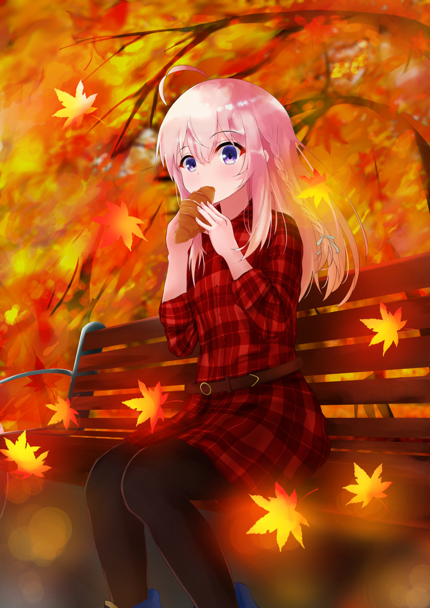 1girl absurdres ahoge autumn autumn_leaves bangs belt bench black_legwear blue_eyes brown_belt collared_dress croissant dress eating elaina_(majo_no_tabitabi) eyebrows_visible_through_hair food hair_between_eyes highres leaf long_hair long_sleeves majo_no_tabitabi maple_leaf pantyhose plaid plaid_dress red_dress shiny shiny_hair short_dress silver_hair sitting solo solsiele wing_collar