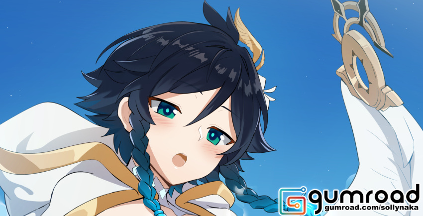 1boy black_hair blue_hair blush braid cloak close-up day eyebrows_visible_through_hair feathered_wings feathers flower genshin_impact gradient_hair green_eyes hair_flower hair_ornament hood hood_down hooded_cloak looking_at_viewer male_focus multicolored_hair open_mouth otoko_no_ko reward_available shrug_(clothing) sky sollyz solo twin_braids venti_(genshin_impact) wings