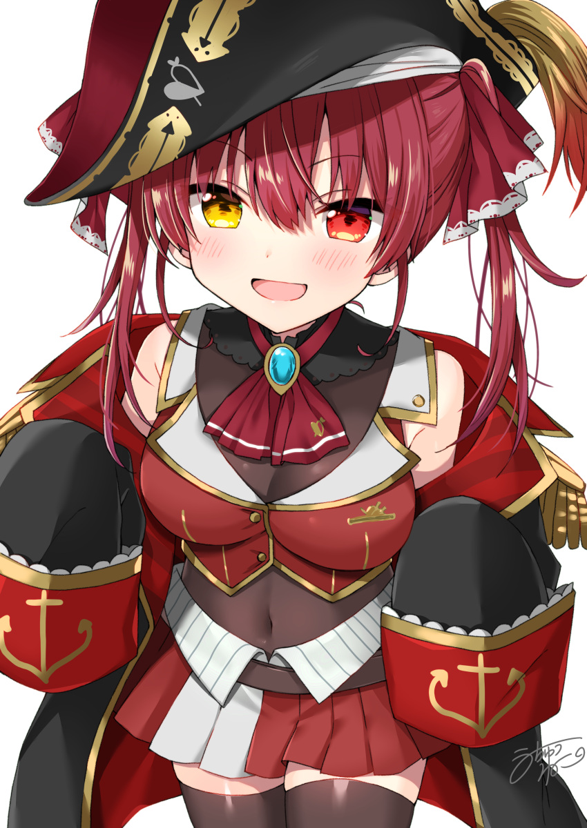 1girl :d absurdres arrow_(projectile) arrow_through_heart bangs bare_shoulders bicorne black_headwear black_jacket black_legwear blush brooch commentary_request covered_navel epaulettes eyebrows_visible_through_hair hair_between_eyes hair_ribbon hat heart heterochromia highres hololive houshou_marine jacket jewelry long_sleeves off_shoulder open_clothes open_jacket open_mouth pleated_skirt red_eyes red_neckwear red_ribbon red_shirt red_skirt redhead ribbon shirt signature simple_background skirt sleeveless sleeveless_shirt sleeves_past_fingers sleeves_past_wrists smile solo thigh-highs twintails uchuuneko virtual_youtuber white_background yellow_eyes