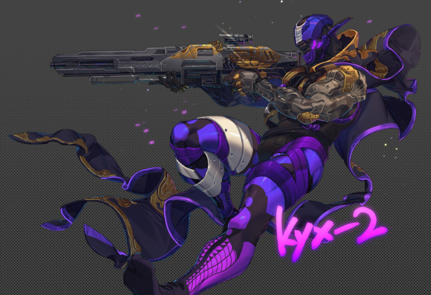 1boy aiming bandaged_leg bandages beam_rifle bodysuit boop_dega cape character_request commentary_request copyright_request energy_gun finger_on_trigger from_side full_body grey_background gun helmet holding holding_gun holding_weapon korean_commentary male_focus no_shoes power_suit purple_bodysuit purple_cape scope solo weapon