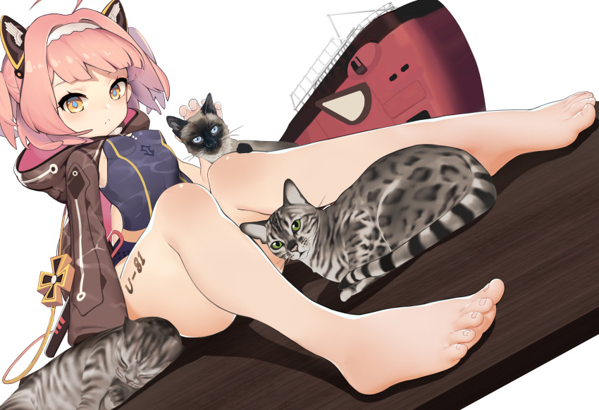 1girl absurdres ahoge azur_lane bangs barefoot blue_swimsuit breasts brown_jacket cat character_name chinese_commentary commentary_request diamond-shaped_pupils diamond_(shape) feet frown hair_intakes hairband highres hood hood_down hooded_jacket iron_cross jacket looking_at_viewer one-piece_swimsuit pink_hair short_hair sidelocks sitting small_breasts solo submarine swimsuit symbol-shaped_pupils tattoo toes u-81_(azur_lane) watercraft woc_(2072878058) yellow_eyes