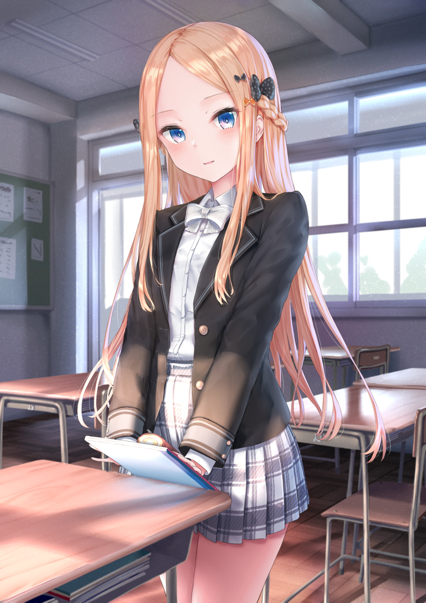1girl abigail_williams_(fate/grand_order) alternate_costume bangs black_bow black_jacket blazer blonde_hair blue_eyes blush bow braid chair collared_shirt commentary_request desk dress_shirt fate/grand_order fate_(series) forehead hair_bow highres indoors jacket kachayori long_hair long_sleeves looking_at_viewer open_blazer open_clothes open_jacket orange_bow parted_bangs parted_lips plaid plaid_skirt pleated_skirt polka_dot polka_dot_bow school_chair school_desk school_uniform shirt skirt smile solo striped striped_bow very_long_hair white_bow white_shirt white_skirt