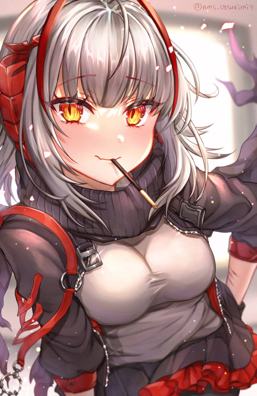 1girl ahoge antennae arknights bangs black_gloves black_jacket black_scarf black_skirt breasts demon_horns eyebrows_visible_through_hair food food_in_mouth gloves grey_shirt highres horns jacket large_breasts leaning_forward looking_at_viewer mouth_hold open_clothes open_jacket pocky red_eyes scar_on_arm scarf shirt short_hair silver_hair skirt solo standing tamaso twitter_username w_(arknights)