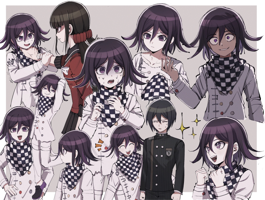 1girl 2boys absurdres ahoge angry arm_grab arms_up bangs black_hair black_jacket black_pants bojue_(hakus_1128) border checkered checkered_background checkered_neckwear checkered_scarf clenched_teeth closed_eyes closed_mouth commentary_request dangan_ronpa_(series) dangan_ronpa_v3:_killing_harmony double-breasted evil_grin evil_smile grey_background grin hair_ornament hair_scrunchie harukawa_maki highres holding jacket long_sleeves looking_at_viewer male_focus multiple_boys multiple_views neck_grab open_mouth ouma_kokichi pants plaid profile red_scrunchie saihara_shuuichi scarf scrunchie shaded_face shirt smile star-shaped_pupils star_(symbol) striped_jacket sweat symbol-shaped_pupils teeth upper_body white_border