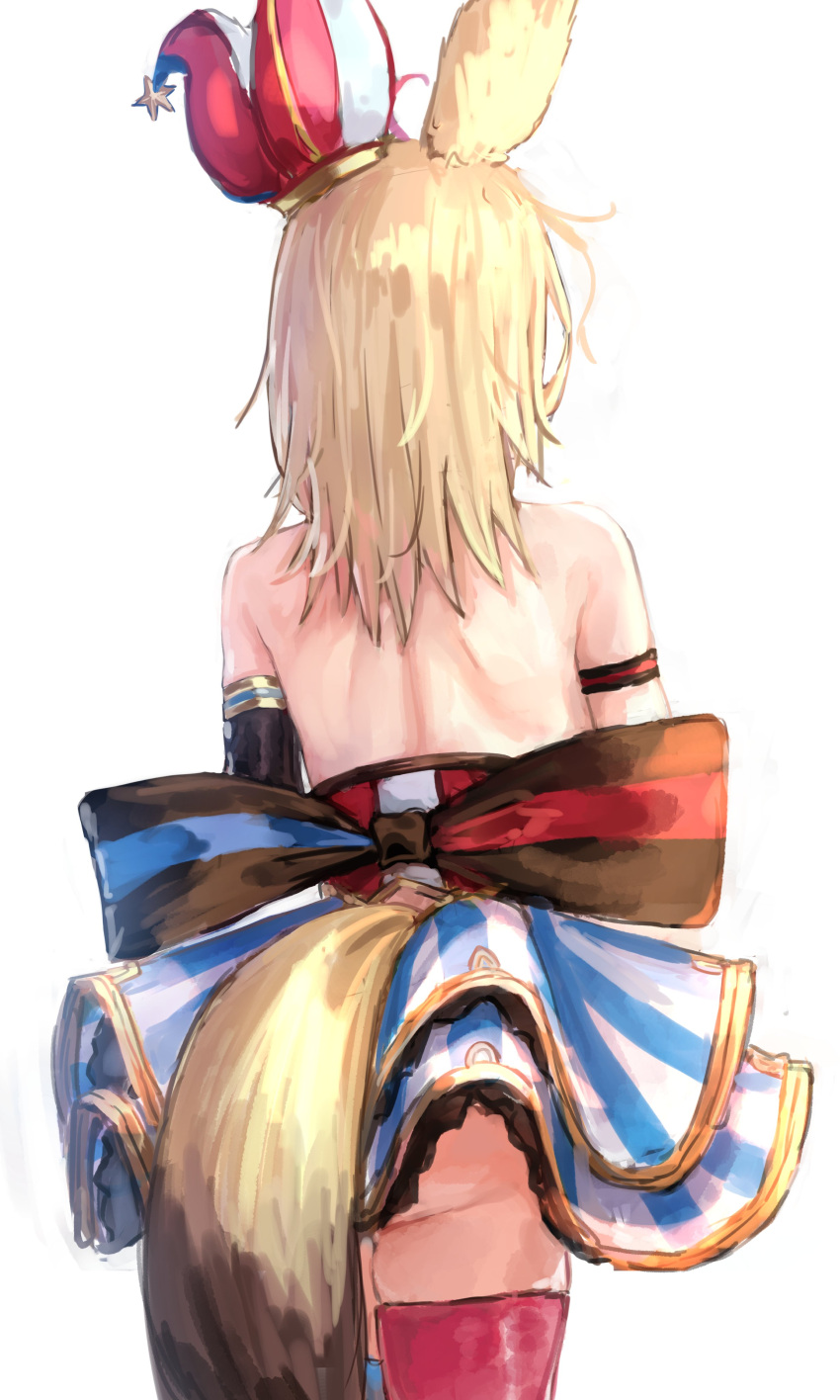 1girl absurdres animal_ears arm_strap ass back blonde_hair bow clown elbow_gloves fox_ears fox_girl fox_tail from_behind gloves hat highres hololive jester_cap omaru_polka single_elbow_glove skirt solo striped striped_skirt tail thigh-highs virtual_youtuber white_background yu_hydra