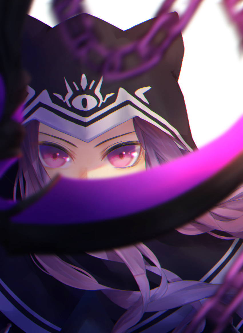 1girl blurry_foreground chain fate/grand_order fate_(series) floating_hair highres hood hood_up long_hair looking_at_viewer medusa_(lancer)_(fate) purple_hair solo upper_body violet_eyes yuurei447