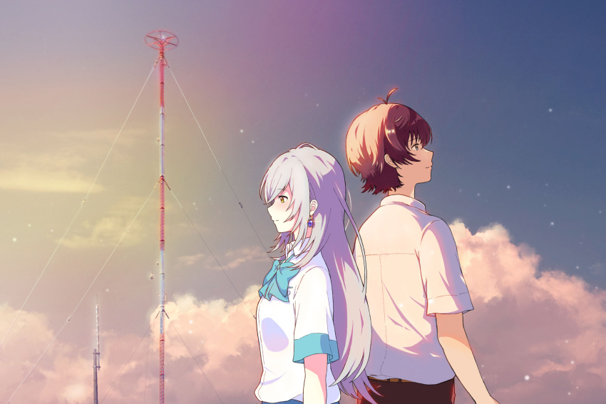 1boy 1girl absurdres aoi_yuito arms_at_sides back-to-back black_pants blue_bow bow brown_eyes brown_hair clouds day earrings highres irozuku_sekai_no_ashita_kara jewelry long_hair looking_up nuit_(nt_099) outdoors pants profile school_uniform shirt short_sleeves silver_hair smile standing tsukishiro_hitomi upper_body white_shirt yellow_eyes