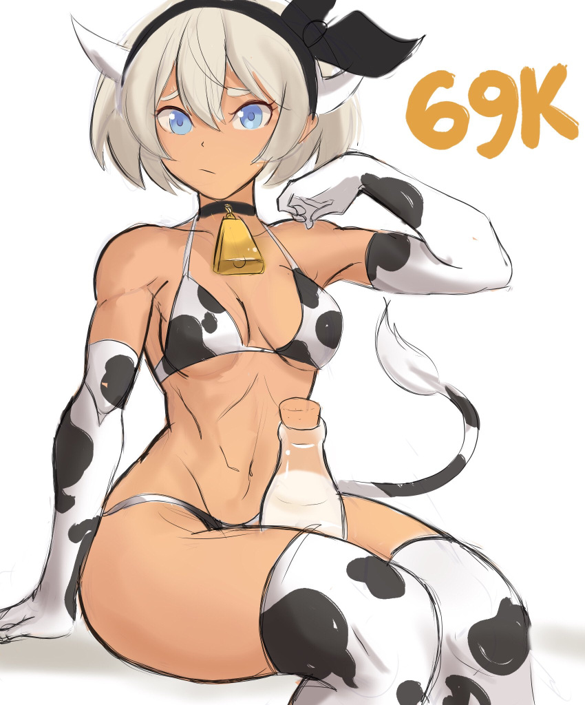 1girl 2021 animal_print bea_(pokemon) bell bell_collar between_legs bikini black_hairband blue_eyes bottle breasts chinese_zodiac collar cow_horns cow_print cowbell dark_skin dark-skinned_female elbow_gloves fake_horns gloves grey_hair hairband highres horns legs_together looking_at_viewer medium_breasts milestone_celebration milk_bottle over-kneehighs pokemon pokemon_(game) pokemon_swsh print_bikini print_gloves print_legwear rakeem_garcia-cueto short_hair sitting solo swimsuit thigh-highs toned year_of_the_ox