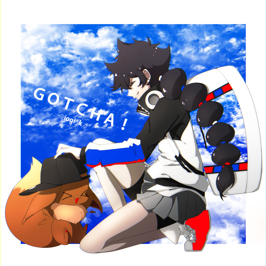 &gt;_&lt; 1girl :3 absurdres afterimage arms_up artist_name bag bangs baseball_cap bike_shorts black_hair black_headwear blue_background blue_sky border chromatic_aberration closed_eyes clothed_pokemon cloud_print clouds commentary_request copyright_name cross-laced_footwear day duffel_bag english_text from_side full_body gotcha! gotcha!_girl_(pokemon) grey_skirt grin hair_tie happy hat high_collar highres iogi_(iogi_k) jacket long_hair long_sleeves miniskirt motion_lines multi-tied_hair multicolored multicolored_clothes multicolored_jacket one_knee open_mouth outdoors outside_border pawpads pleated_skirt pokemon pokemon_(creature) profile red_footwear shiny shiny_hair shirt shoes sidelocks sitting skirt sky smile socks teeth tied_hair watermark white_border white_legwear white_shirt zipper