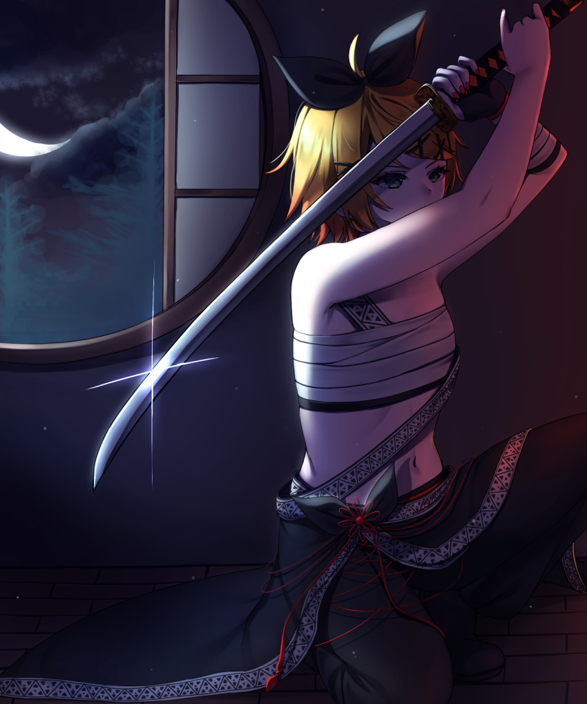 1girl ahoge arms_up black_bow black_pants blonde_hair bow crescent_moon green_eyes hair_bow highres holding holding_sword holding_weapon indoors inu8neko kagamine_rin katana midriff moon nail_polish navel night one_knee pants red_nails sarashi short_hair solo stomach sword vocaloid weapon