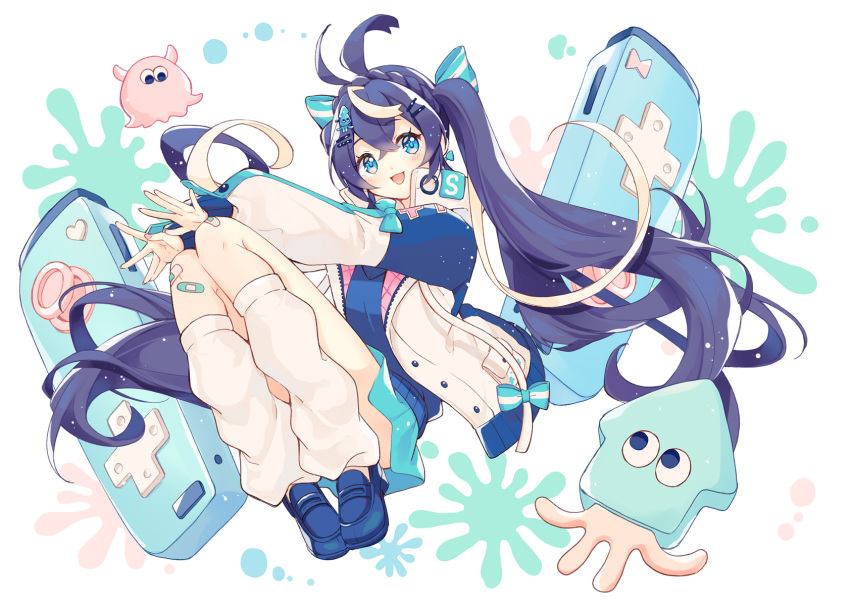 1girl ahoge bandaid bandaid_on_knee bangs blue_eyes blue_footwear blue_hair blue_skirt bow braid buttons commentary commission crossed_bangs crown_braid dot_nose eyebrows_visible_through_hair flapjack_octopus full_body hair_between_eyes hair_bow hair_ornament hairclip hazuki_natsu highres indie_virtual_youtuber jacket joy-con knees_up leg_warmers light_blush loafers long_hair long_sleeves miniskirt multicolored_hair octopus open_mouth outstretched_arms paint_splatter pixiv_request pocket sawaki_yuko shoes skirt sleeve_bow smile solo squid squid_hair_ornament streaked_hair twintails two-tone_hair very_long_hair virtual_youtuber white_hair