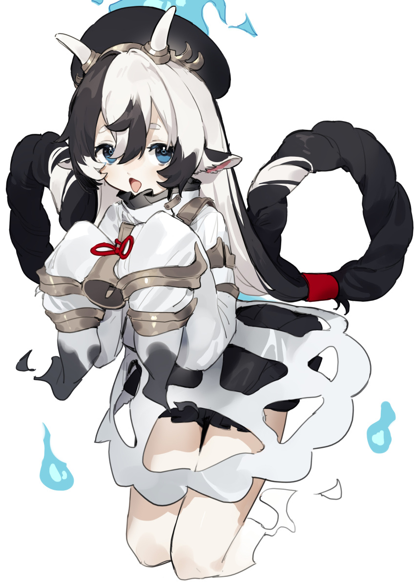 1girl absurdres animal_ears bell black_hair black_headwear blue_eyes blue_fire cow_ears cow_girl cow_horns fire flame frills ghost ghost_tail hair_between_eyes hat highres hitodama horns horns_through_headwear long_hair multicolored multicolored_hair open_mouth original sh_(562835932) short_eyebrows simple_background sleeves_past_fingers sleeves_past_wrists solo very_long_hair white_background white_hair year_of_the_ox_ghost_(shinh)