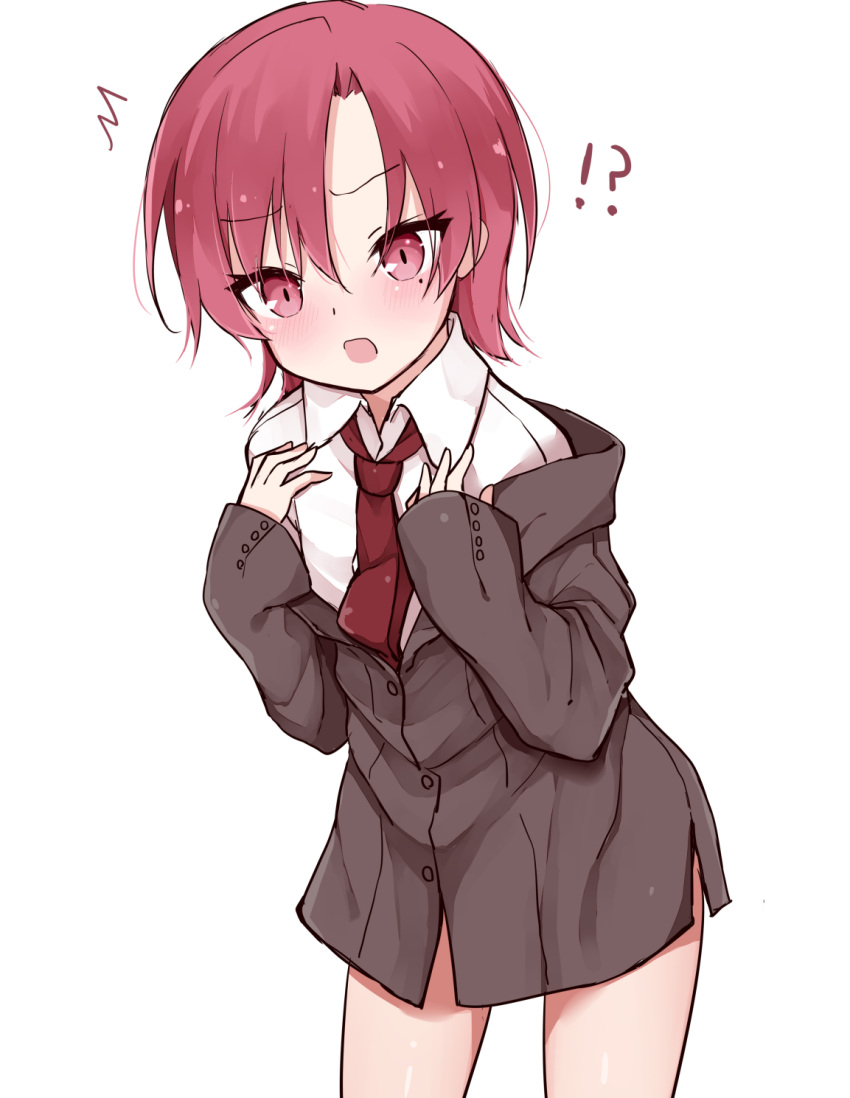 1girl :o arms_up bangs bazett_fraga_mcremitz blush bottomless eyebrows_visible_through_hair fate/kaleid_liner_prisma_illya fate_(series) flat_chest highres kamu_(geeenius) long_sleeves necktie open_mouth red_eyes redhead short_hair sidelocks simple_background solo