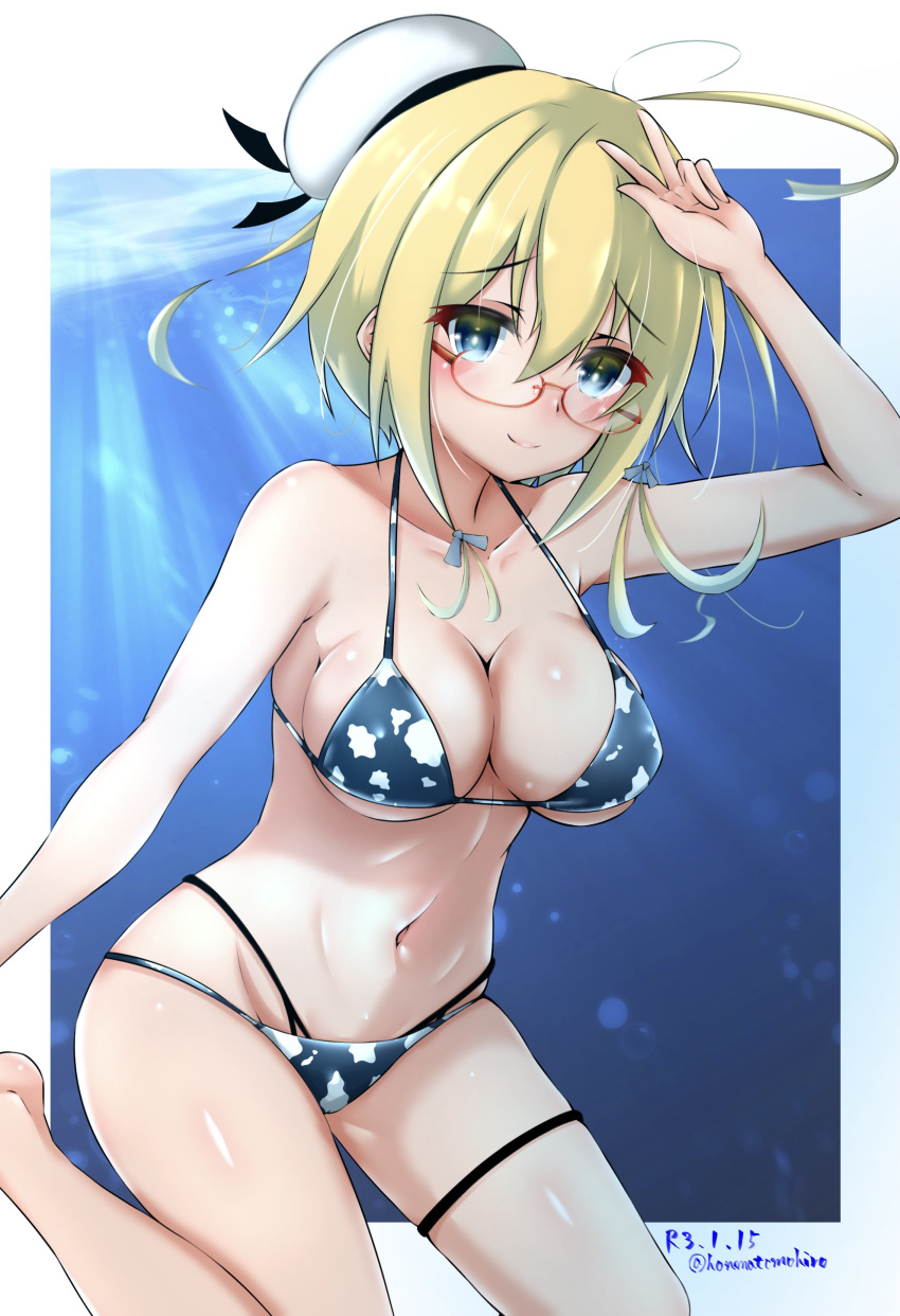 1girl absurdres bikini blonde_hair blue_bikini blue_eyes breasts commentary_request dated glasses hat highres honma_(honmatomohiro) i-8_(kantai_collection) kantai_collection large_breasts long_hair low_twintails navel peaked_cap red-framed_eyewear semi-rimless_eyewear solo swimsuit twintails twitter_username under-rim_eyewear underwater white_headwear