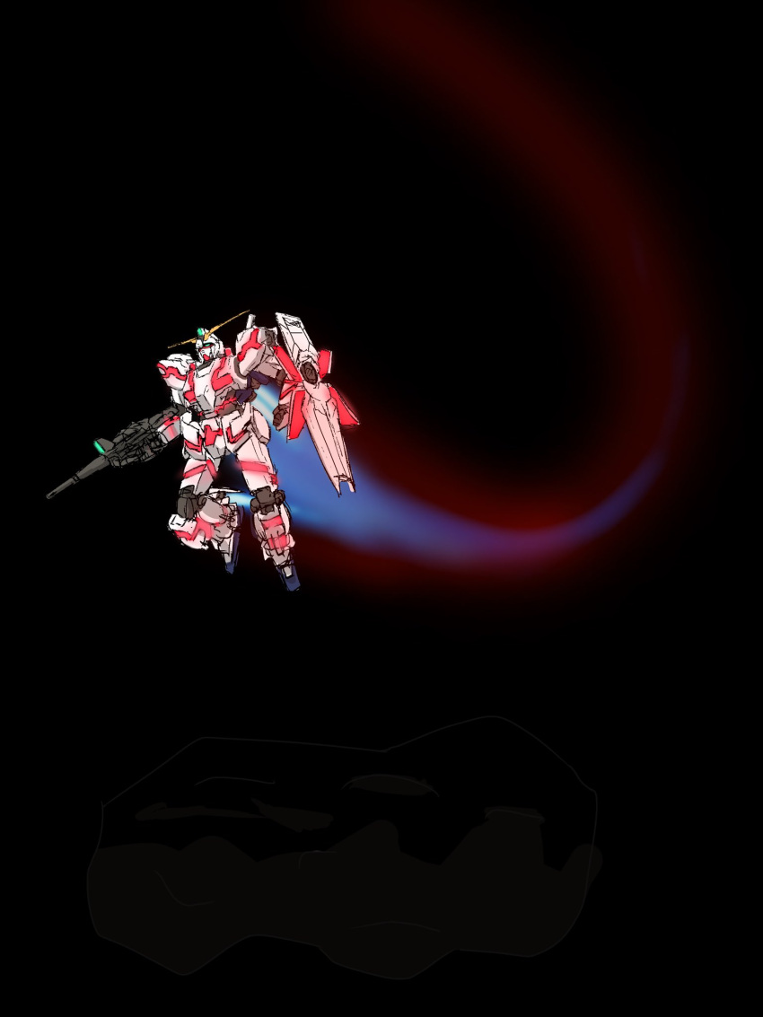 aron_e beam_rifle black_background clenched_hand energy_gun flying green_eyes gun gundam gundam_unicorn highres holding holding_gun holding_weapon mecha negative_space no_humans nt-d science_fiction shield solo space unicorn_gundam v-fin weapon