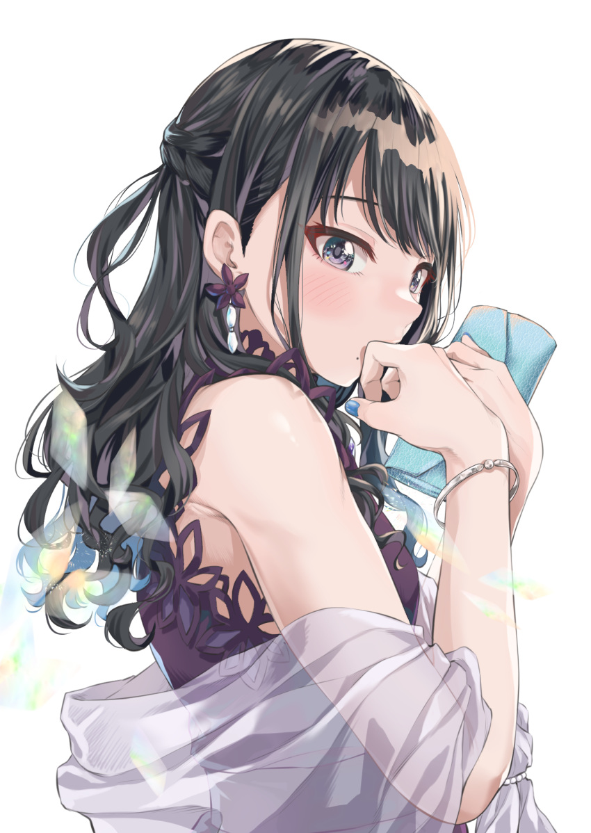 1girl bag bangs bare_shoulders black_hair blue_nails blush bracelet braid commentary_request covering_mouth dress earrings fingernails flower_earrings from_side fukuyama_satoshi half_updo hand_over_own_mouth handbag hands_up highres holding holding_bag idolmaster idolmaster_shiny_colors jewelry kazano_hiori long_hair looking_away mole mole_under_mouth nail_polish purple_dress see-through shawl shiny shiny_hair sidelocks simple_background sleeveless sleeveless_dress solo upper_body violet_eyes wavy_hair white_background