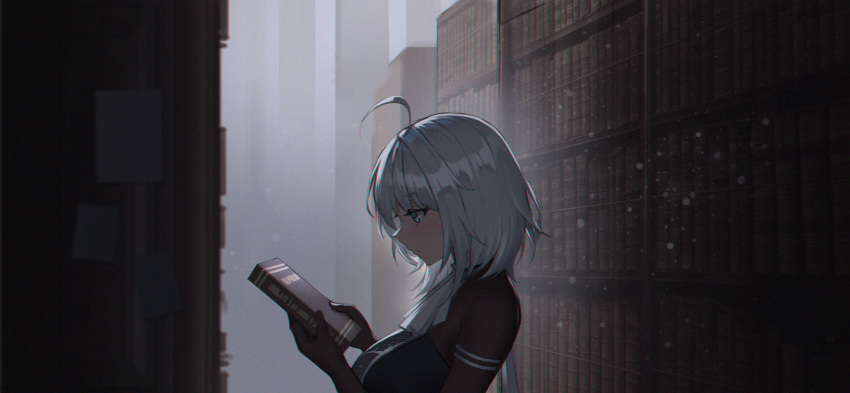 1girl ahoge bangs black_dress blue_eyes blush bodysuit book bookshelf breasts brown_bodysuit closed_mouth dress eyebrows_visible_through_hair hair_between_eyes highres holding holding_book indoors looking_away medium_breasts original profile silver_hair solo upper_body yurichtofen