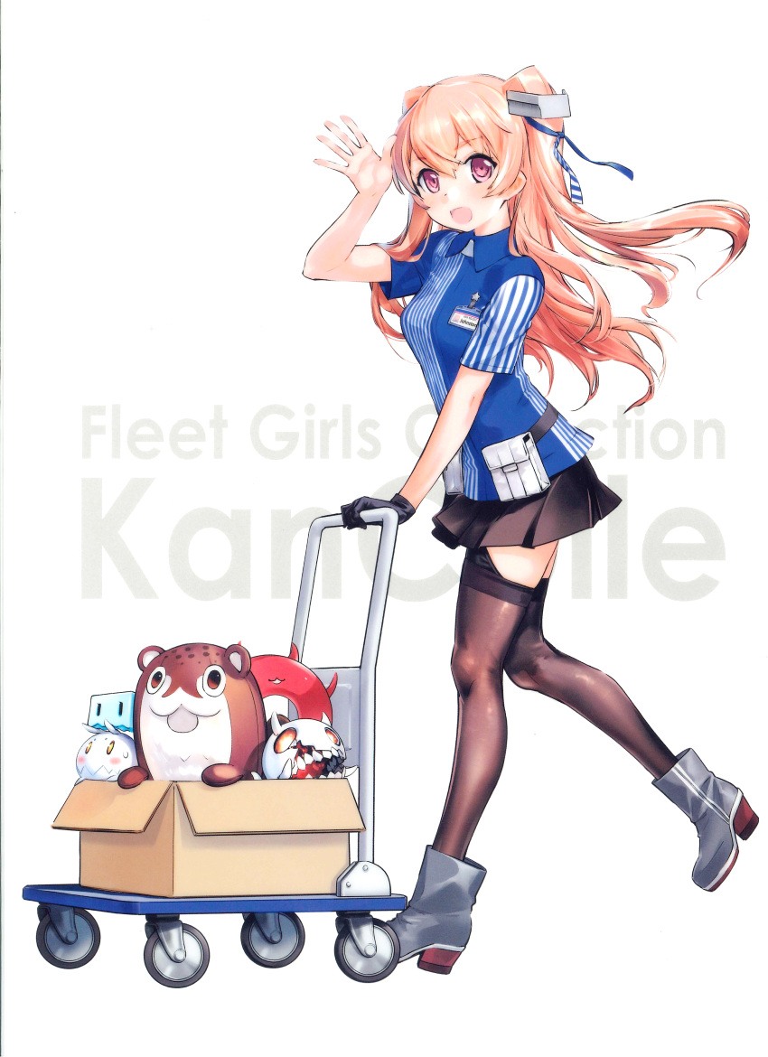 1girl absurdres artist_self-insert black_gloves bokukawauso box breasts brown_eyes cart employee_uniform enemy_aircraft_(kantai_collection) enemy_lifebuoy_(kantai_collection) full_body gloves highres janitorial_cart jiji johnston_(kantai_collection) kantai_collection lawson light_brown_hair long_hair medium_breasts name_tag official_art scan scan_artifacts shirt single_glove store_clerk striped striped_shirt thigh-highs third-party_source two_side_up uniform vertical-striped_shirt vertical_stripes white_background zeco