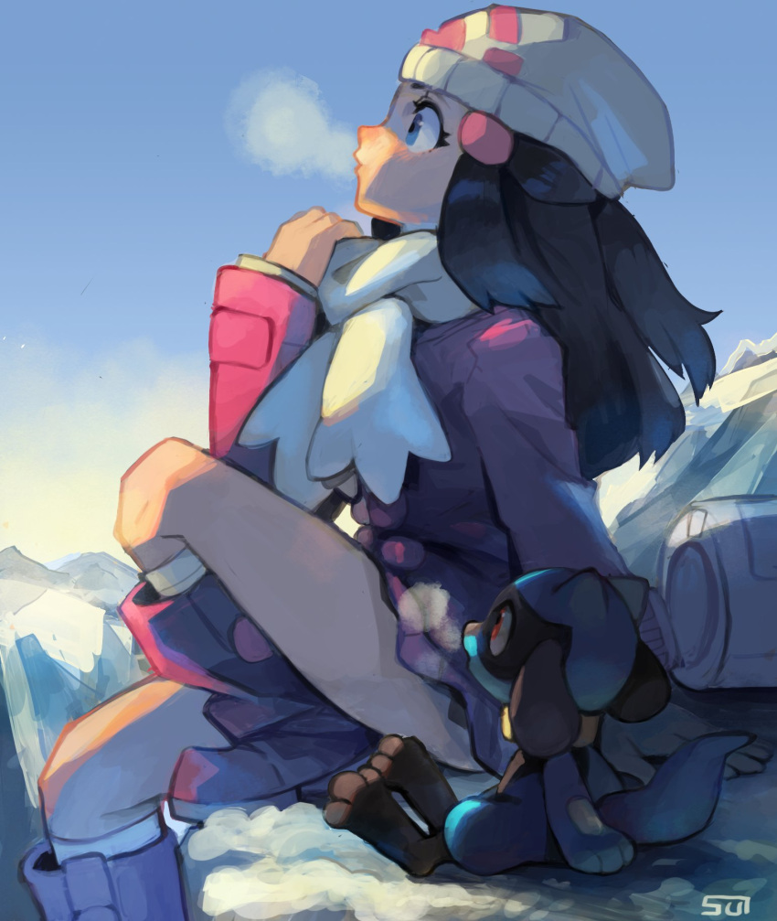 1girl bag beanie black_hair blue_eyes blush boots breath coat cold commentary hikari_(pokemon) day duffel_bag eyelashes from_side gen_4_pokemon hair_ornament hairclip hat highres kneehighs long_hair long_sleeves outdoors pokemon pokemon_(creature) pokemon_(game) pokemon_dppt pokemon_platinum riolu scarf sitting sui_(suizilla) watermark white_bag white_legwear white_scarf