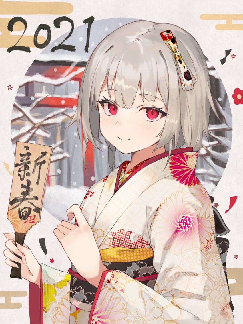 1girl 2021 absurdres animal_print blush chinese_zodiac closed_mouth hair_ornament hand_up happy_new_year highres holding japanese_clothes kimono motota new_year original paddle red_eyes sash short_hair silver_hair smile solo year_of_the_ox