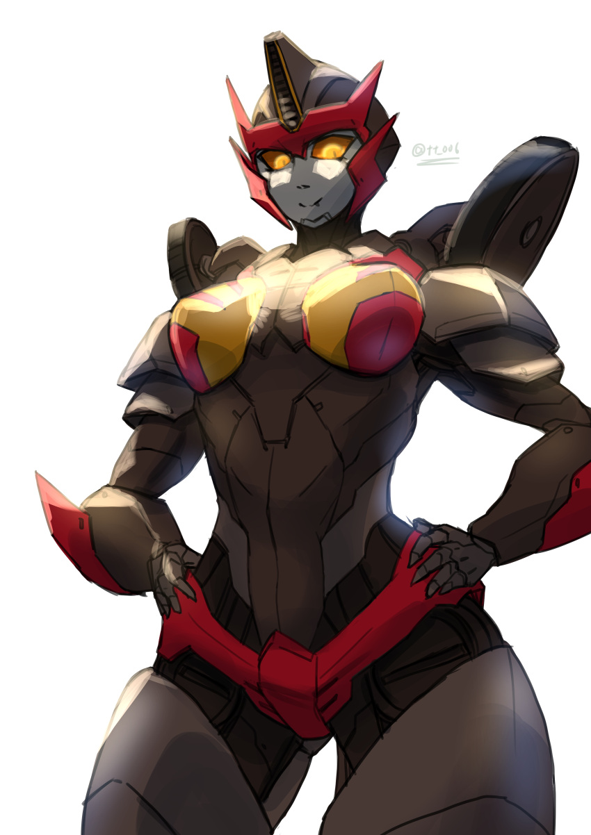 1girl absurdres breasts decepticon flamewar hands_on_hips highres looking_down mecha no_humans oberon826 small_breasts smile solo transformers twitter_username yellow_eyes