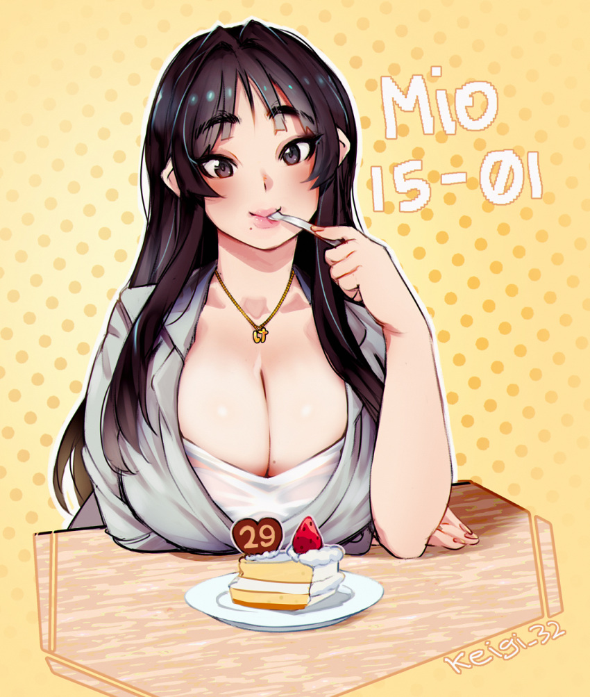 1girl akiyama_mio alternate_breast_size birthday birthday_cake black_hair blush breast_rest breasts brown_eyes cake character_name commentary eating english_commentary fingernails food fork highres holding holding_fork huge_breasts jewelry k-on! keigi lips long_hair mole mole_on_breast necklace older polka_dot polka_dot_background smile solo straight_hair thick_eyebrows twitter_username utensil_in_mouth yellow_background