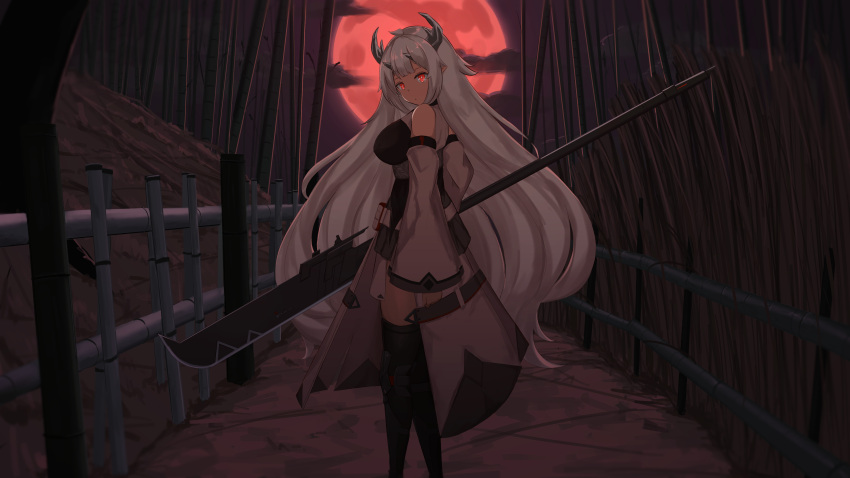 1girl absurdres arknights bare_shoulders breasts commentary_request detached_sleeves expressionless fence food full_moon glowing glowing_eyes highres holding holding_weapon horns large_breasts leginfs_(ppppriver) long_hair looking_at_viewer looking_back matoimaru_(arknights) moon multiple_horns night night_sky oni oni_horns outdoors red_eyes red_moon silver_hair sky solo very_long_hair weapon