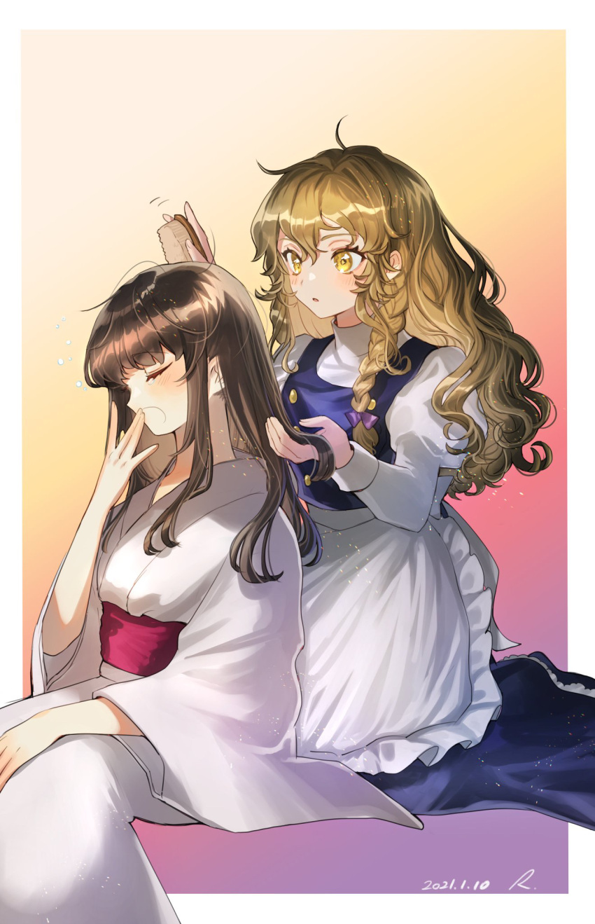 2girls :o alternate_costume arms_up black_skirt black_vest blonde_hair braid brown_hair closed_eyes commentary_request eyebrows_visible_through_hair gradient gradient_background hair_between_eyes hair_brush hair_brushing hakurei_reimu hand_to_own_mouth head_tilt high_collar highres holding holding_another's_hair holding_brush japanese_clothes kimono kirisame_marisa long_hair long_sleeves looking_at_another medium_hair multiple_girls no_hat no_headwear obi pink_background purple_background rosette_(roze-ko) sash shirt sidelocks simple_background single_braid sitting skirt touhou very_long_hair vest white_kimono white_shirt yawning yellow_eyes