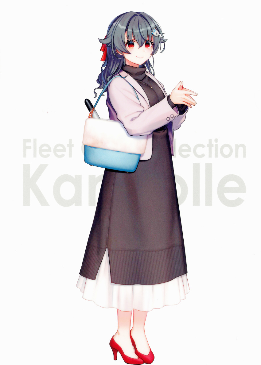 1girl absurdres akasaka_yuzu bag black_hair breasts casual dress full_body hair_flaps hair_ornament hair_ribbon hands_together high_heels highres jacket jewelry jingei_(kantai_collection) kantai_collection large_breasts long_dress long_hair necklace official_alternate_costume official_art red_eyes ribbon shoes shoulder_bag smile solo torpedo whale_hair_ornament white_background