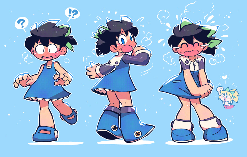 1boy 1girl absurdres black_hair blue_background blue_dress blush bow chibi cosplay crossdressinging dress embarrassed flying_sweatdrops full-face_blush hair_bow hair_ribbon highres open_mouth otoko_no_ko rariatto_(ganguri) ribbon rockman rockman_(character) rockman_(classic) roll_(rockman) roll_(rockman)_(cosplay) sweatdrop