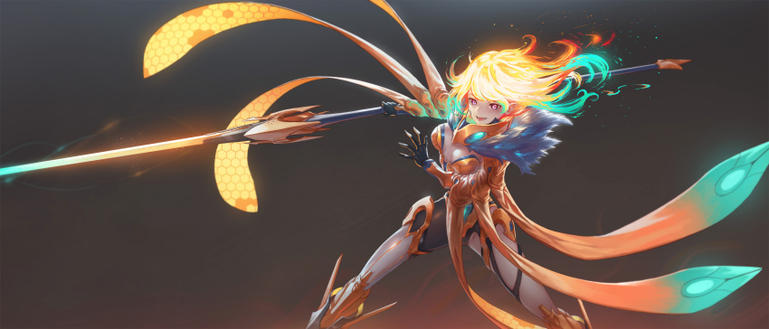 1girl absurdres alternate_costume aqua_hair armor armored_boots asymmetrical_legwear black_gloves boots fiery_hair fur_collar gloves glowing glowing_eyes glowing_hair highres holding holding_sword holding_weapon hololive hololive_english looking_at_viewer multicolored_hair open_mouth orange_hair simple_background smile solo sword takanashi_kiara two-tone_hair violet_eyes virtual_youtuber weapon yioshu