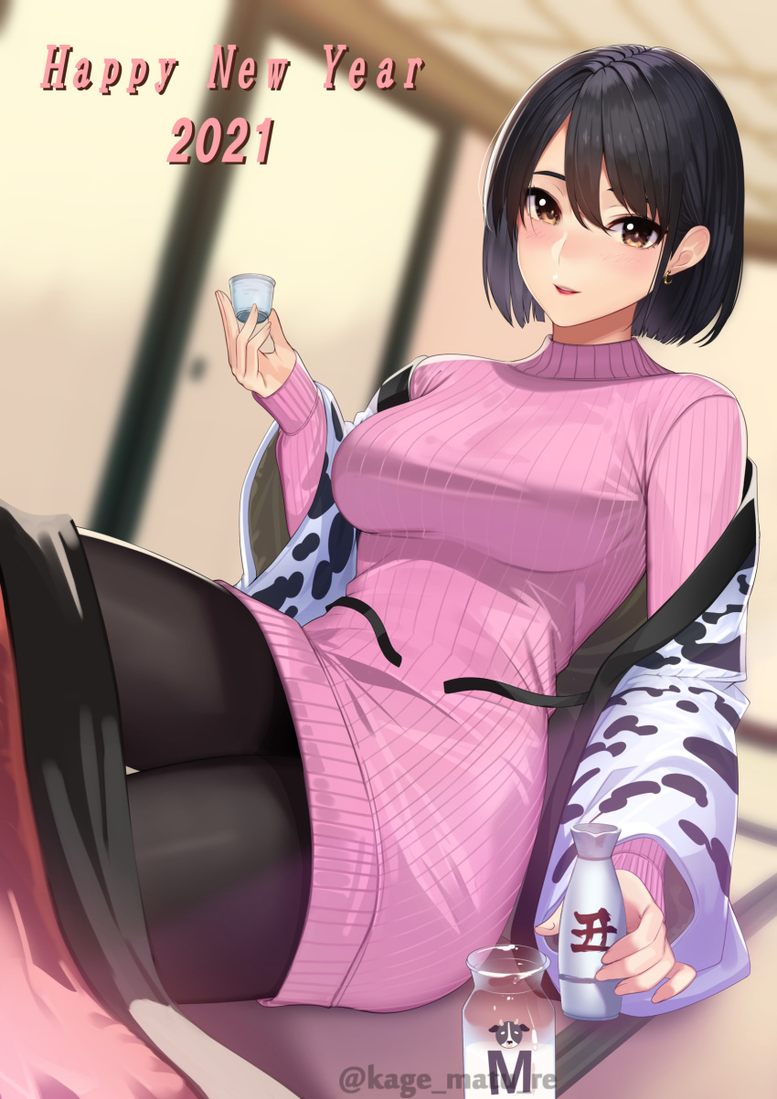 1girl 2021 absurdres alcohol animal_print black_hair black_legwear blurry blurry_background blush bob_cut bottle breasts brown_eyes chinese_zodiac cow_print cup depth_of_field dress drinking_glass earrings english_text haori happy_new_year highres holding jacket japanese_clothes jewelry kagematsuri large_breasts looking_at_viewer medium_hair milk new_year open_clothes open_jacket original pantyhose parted_lips pink_sweater ribbed_sweater sake sake_bottle shot_glass sitting smile solo sweater sweater_dress tatami twitter_username year_of_the_ox