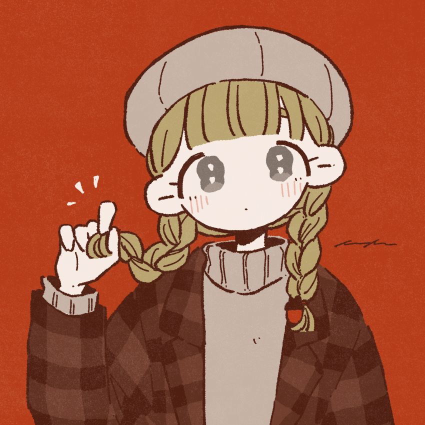 1girl :| ^^^ bangs beret blonde_hair blunt_bangs braid closed_mouth expressionless film_grain grey_eyes grey_headwear hand_up hat head_tilt highres holding holding_hair jacket keke_(kotowari) limited_palette long_hair long_sleeves looking_at_viewer low_twintails muted_color no_nose open_clothes open_jacket original plaid_jacket red_background signature simple_background solo tareme turtleneck twin_braids twintails upper_body