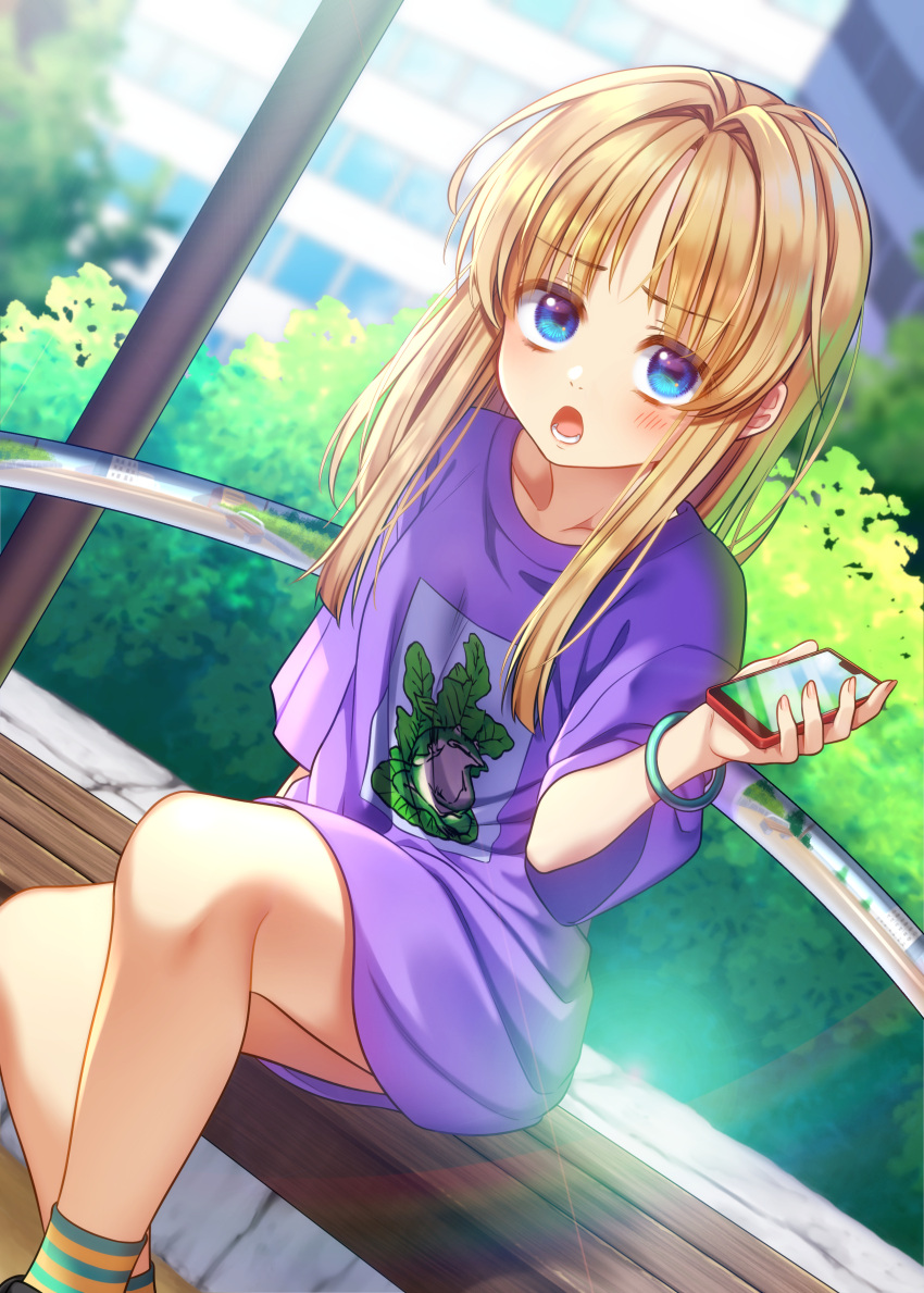 1girl absurdres animal_print bangle blonde_hair blue_eyes bracelet casual cellphone contemporary day dutch_angle frog_print highres holding holding_phone jewelry long_hair looking_at_viewer moriya_suwako nora_wanko outdoors phone purple_shirt shirt sidelocks sitting smartphone socks solo striped striped_legwear touhou